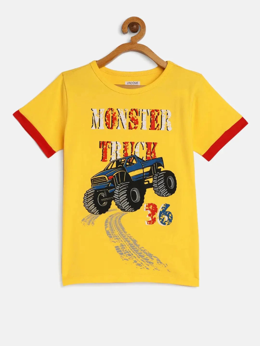 Boys Yellow Round Neck Car Print Cotton T-shirt - Ladore