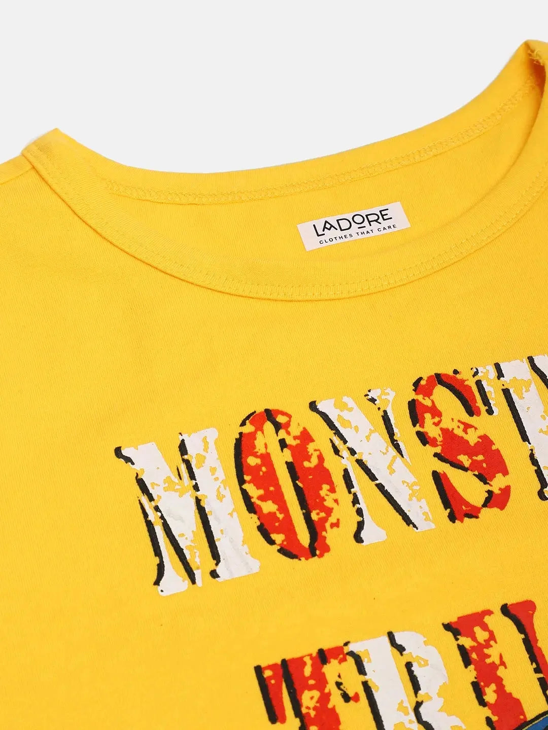 Boys Yellow Round Neck Car Print Cotton T-shirt - Ladore