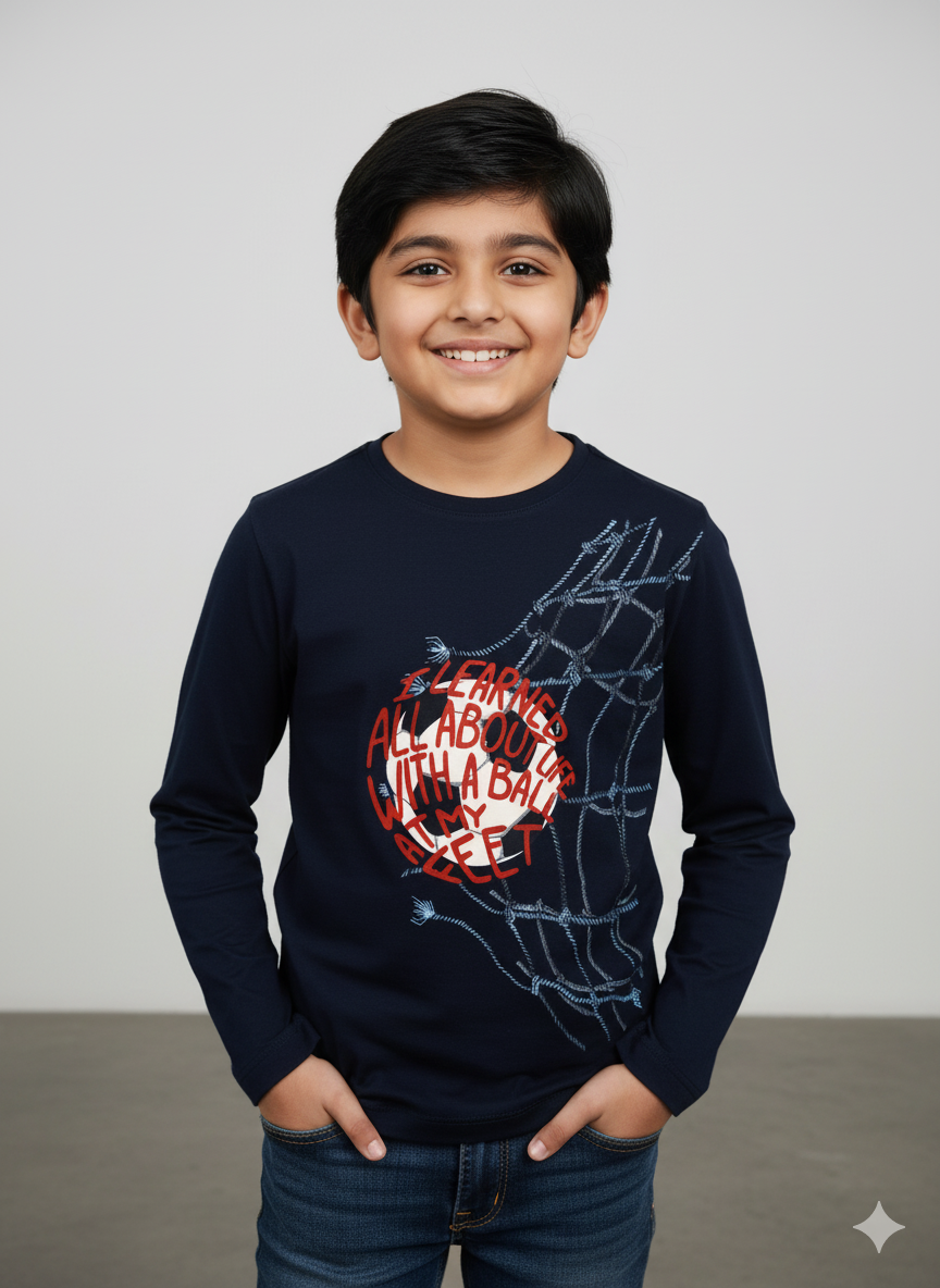 Kids Blue Football Printed Full Sleeves Cotton T-shirt