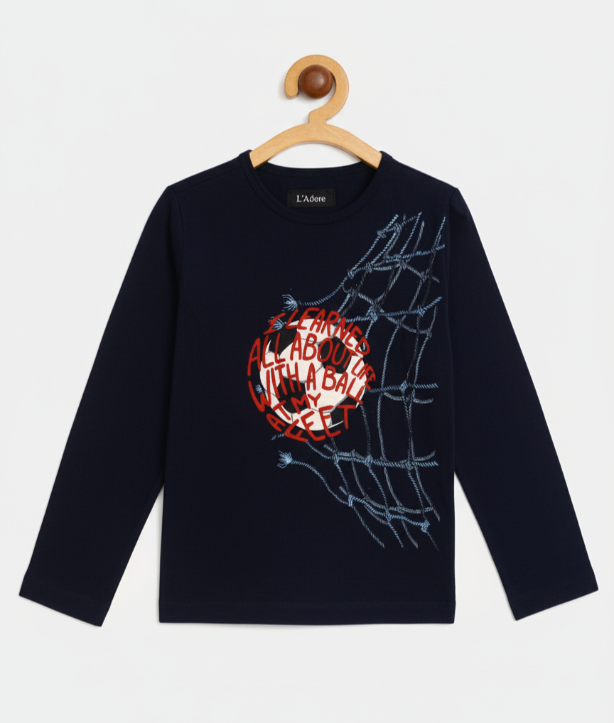 Kids Blue Football Printed Full Sleeves Cotton T-shirt