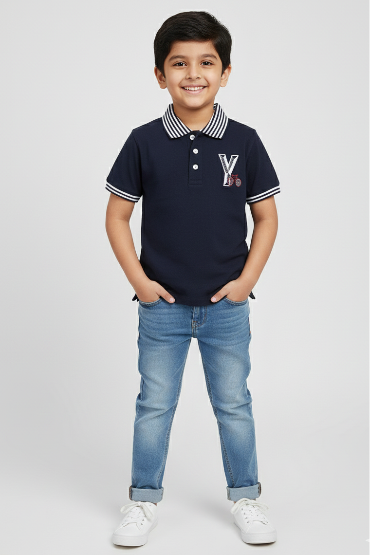 Boys Black Solid Polo Cotton T-shirt