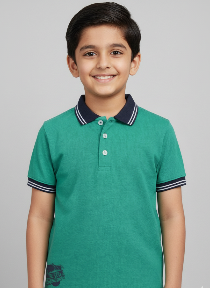 Boys Green Car Print Polo Cotton T-shirt