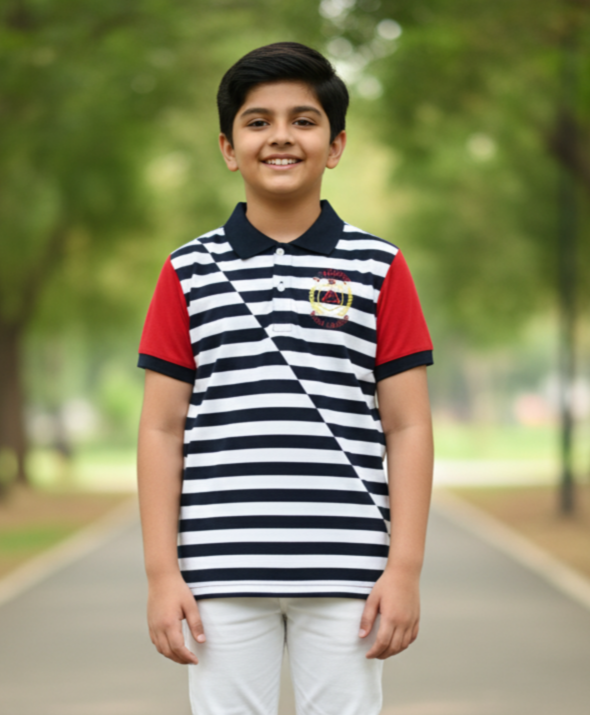 Navy Blue Striped Polo Cotton T-shirt