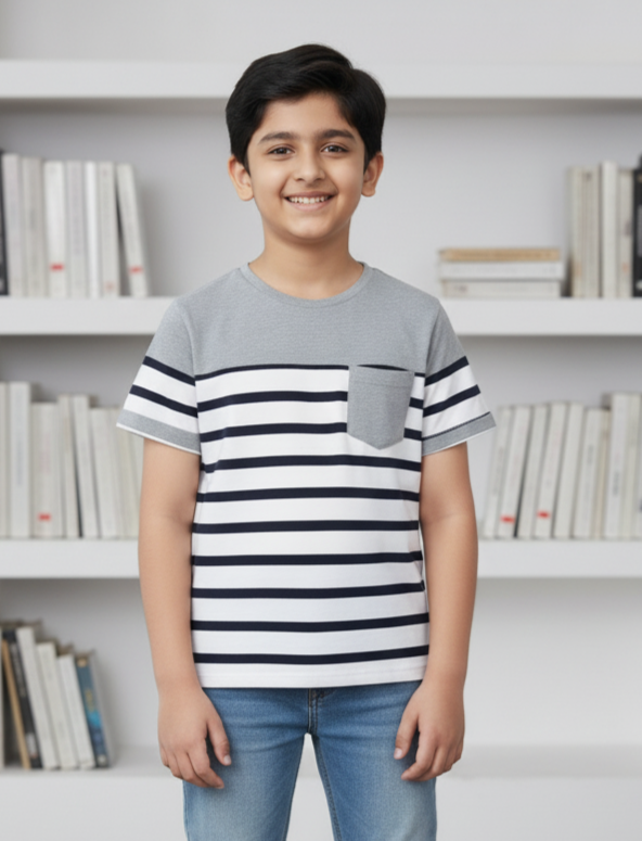 White Striped Round Neck Cotton T-shirt