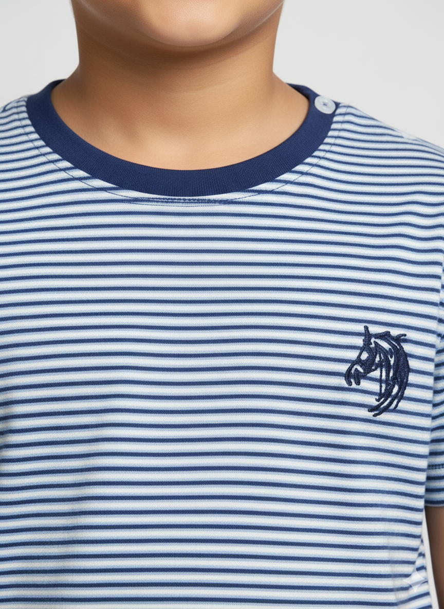 Blue Striped Round Neck Organic Cotton T-shirt