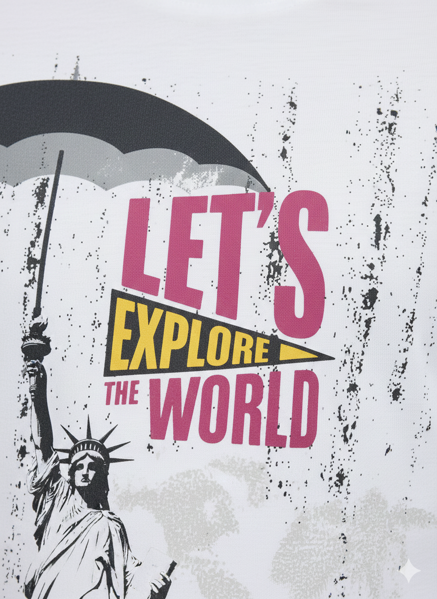 White Explore The World Printed Round Neck Cotton T-shirt