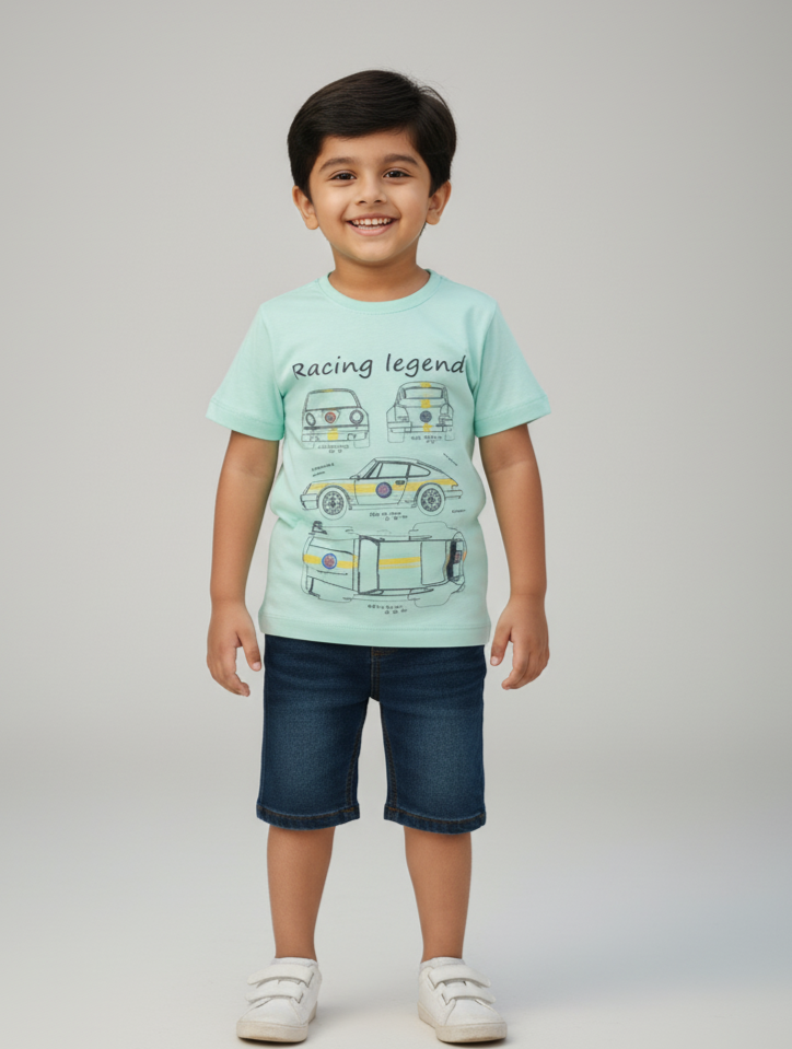 Boys Sea Green Car Printed Cotton T-shirt