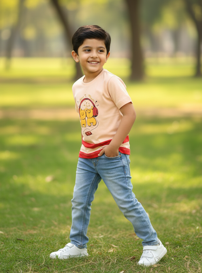 Peach Music Printed Round Neck Cotton T-shirt