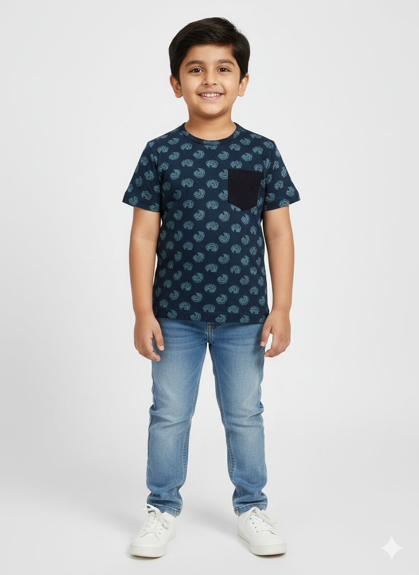 Blue Printed Half Sleeves Organic Cotton T-shirt