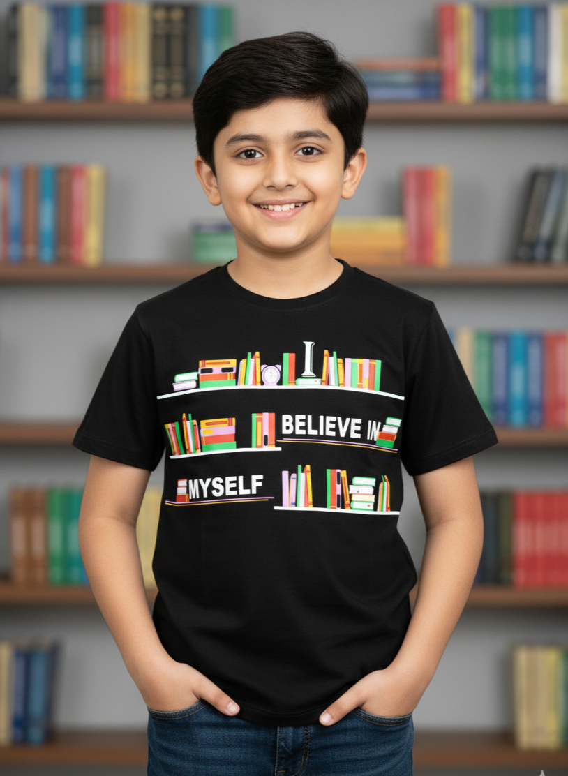 Kids Black Half Sleeves Books Print Cotton T-shirt
