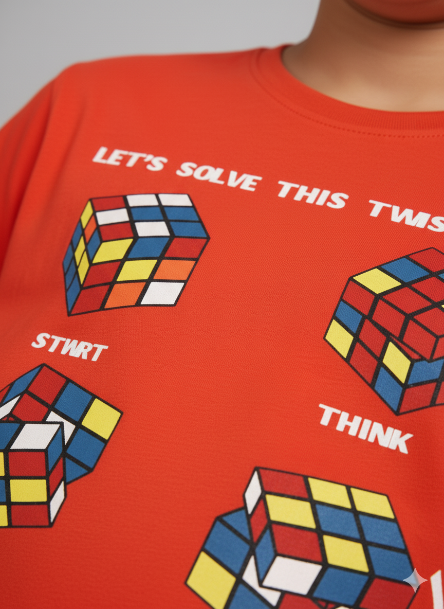 Kids Red Half Sleeves Cube Game Cotton T-shirt