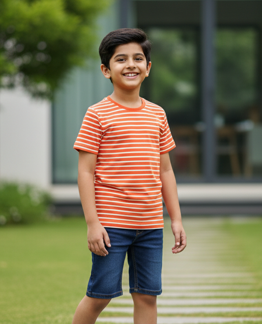 Kids 100% Pure Cotton Orange Stripes T-Shirt