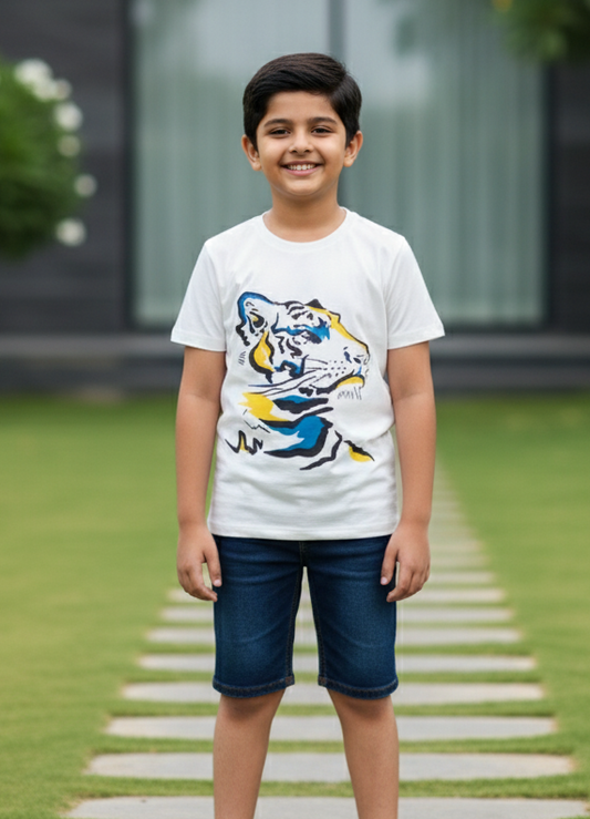 Kids 100% Pure Cotton White Tiger Printed T-Shirt