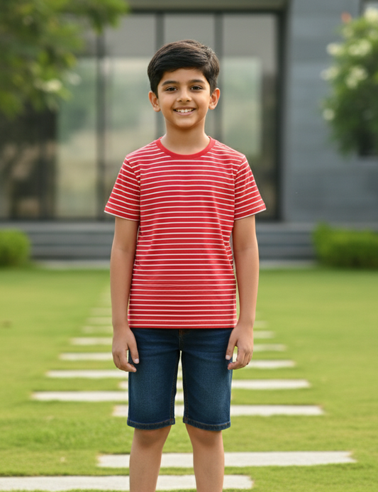 Kids 100% Pure Cotton Red Stripes T-Shirt
