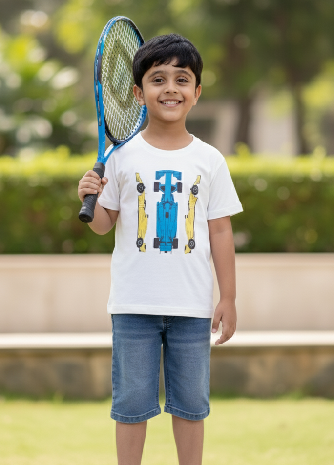 Kids 100% Pure Cotton White Car Print T-Shirt