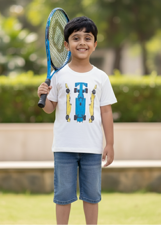 Kids 100% Pure Cotton White Car Print T-Shirt