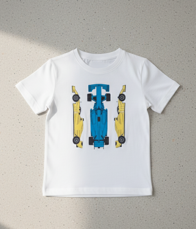 Kids 100% Pure Cotton White Car Print T-Shirt