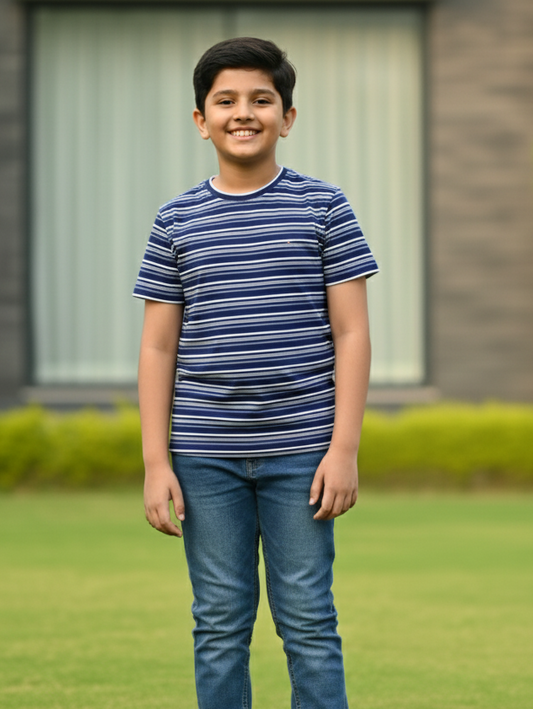 Kids 100% Pure Cotton Dark Blue Stripes T-Shirt