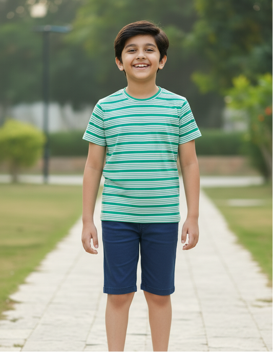 Kids 100% Pure Cotton Aqua Green Stripes T-Shirt