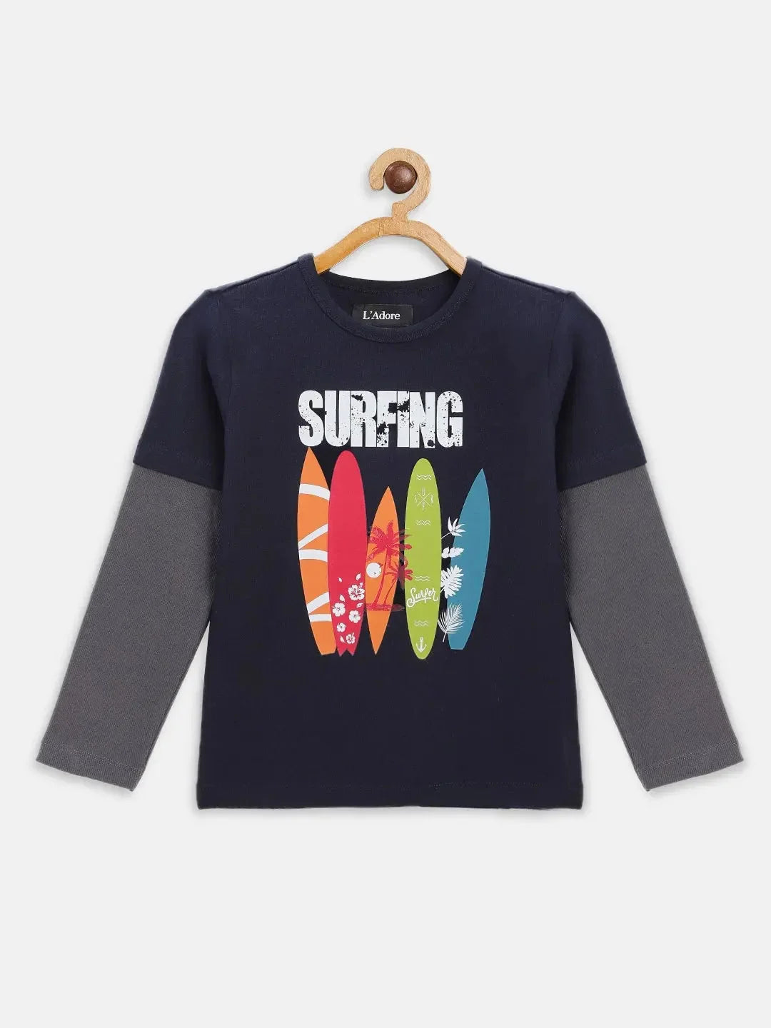 Navy Surfers Printed Colourblock Round Neck Cotton T-shirt - Ladore