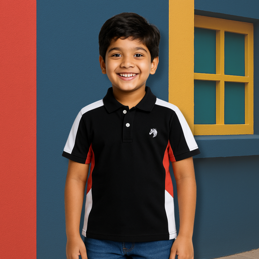 Kids Black Smart Party Wear Cotton Polo Tshirt