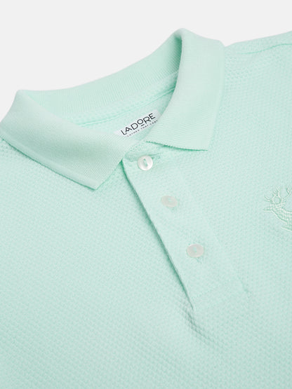 Blue Solid Self Fabric Polo Cotton T-shirt Ladore