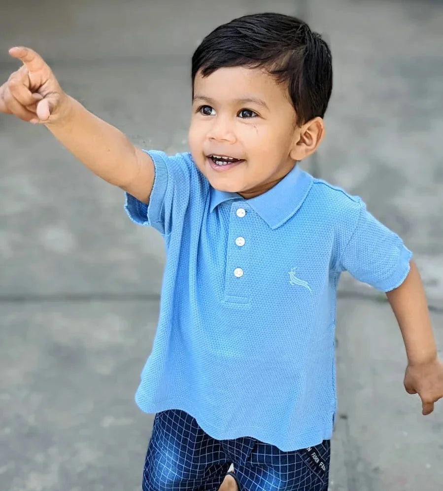 Blue Solid Self Fabric Polo Cotton T-shirt - Ladore
