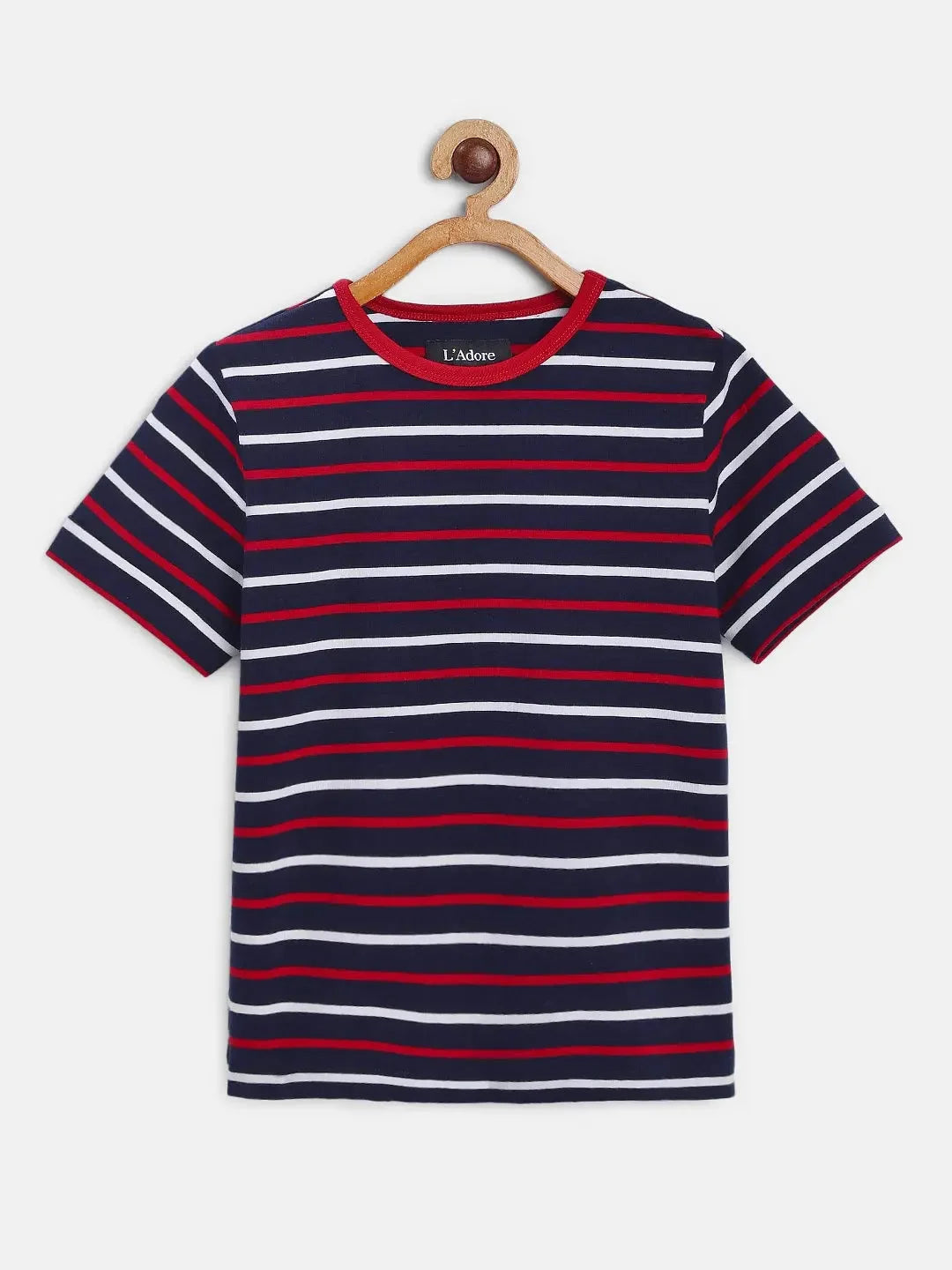Blue Striped Round Neck Cotton T-shirt - Ladore