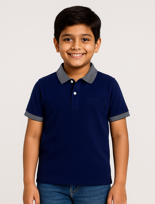 Kids Blue Polo Half Sleeves Cotton T-shirt