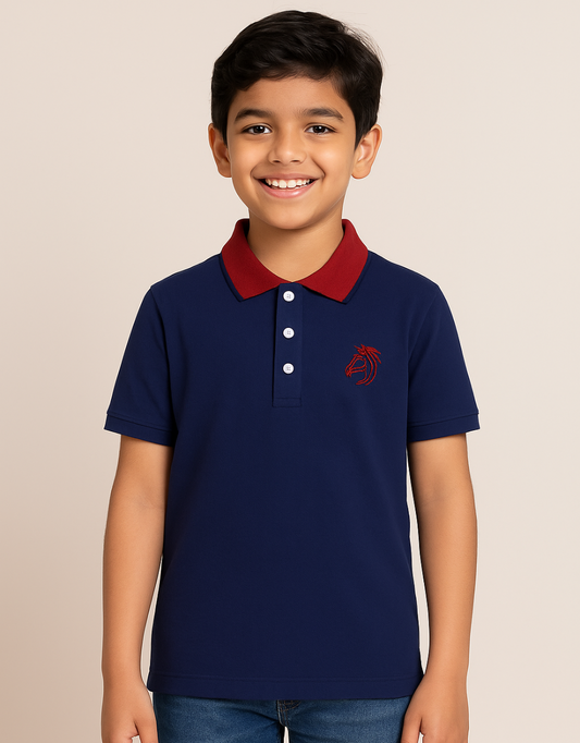 Boys Blue Solid Polo Mercerised Cotton T-shirt