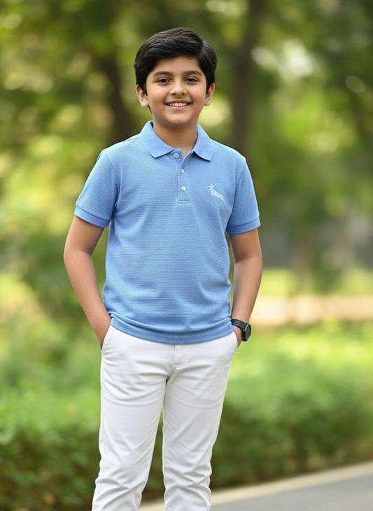 Blue Solid Self Fabric Polo Cotton T-shirt