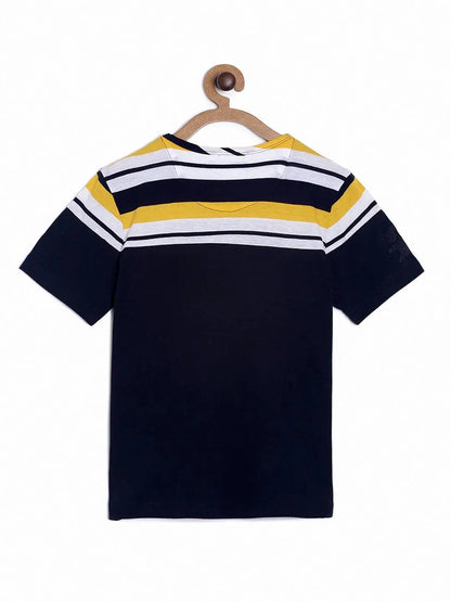 Boys Blue Patterned Round Neck Cotton T-shirt - Ladore