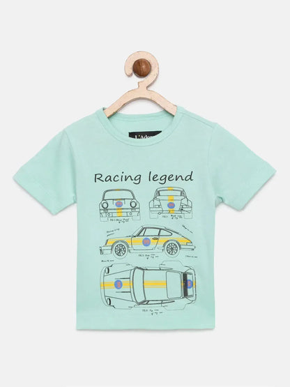 Boys Sea Green Car Printed Round Neck Cotton T-shirt - Ladore