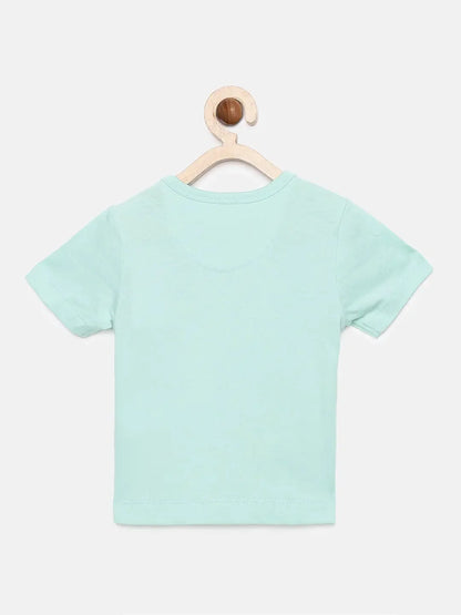 Boys Sea Green Car Printed Round Neck Cotton T-shirt - Ladore