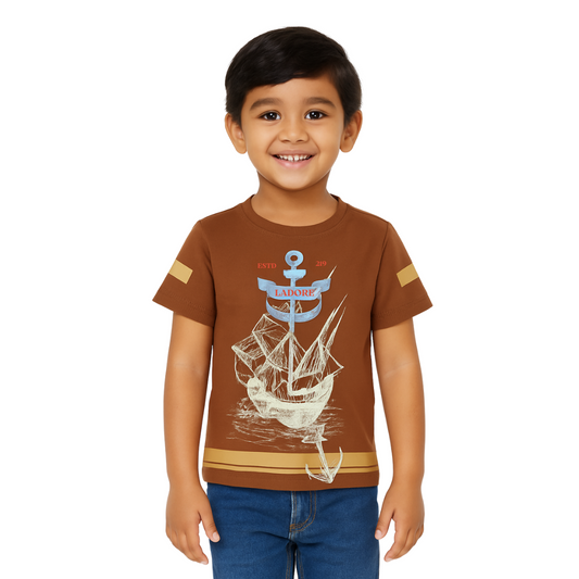 Brown Sailboat Printed Crew Neck Cotton T-shirt