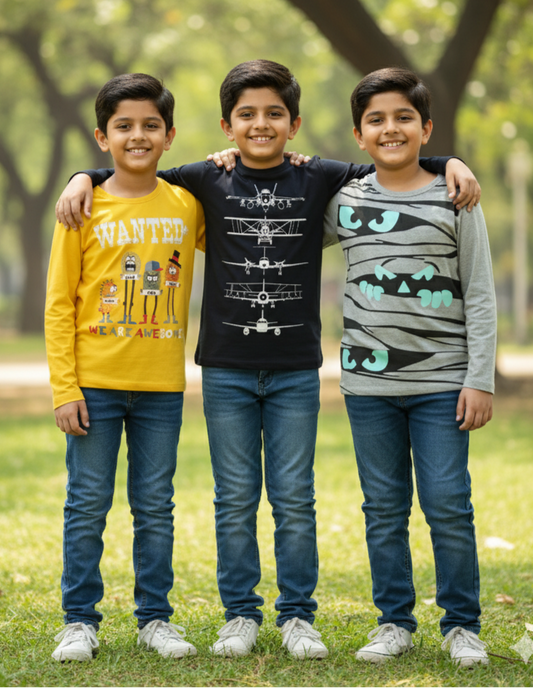 Combo Pack of 3 Full Sleeves Cotton T-Shirts (Age 7-12 Years)