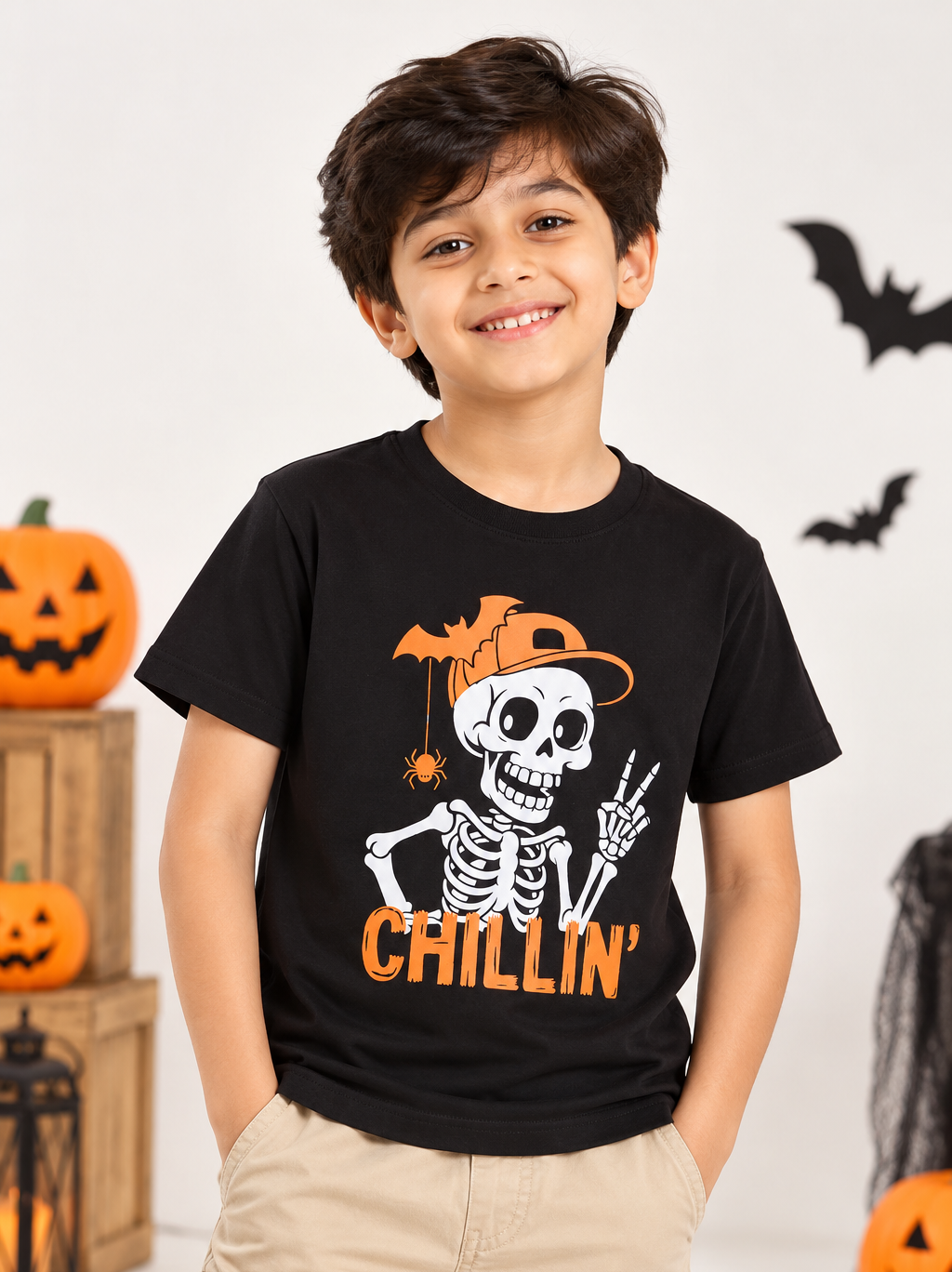 Ladore Kids Unisex Chillin Black Cotton Halloween T-Shirt