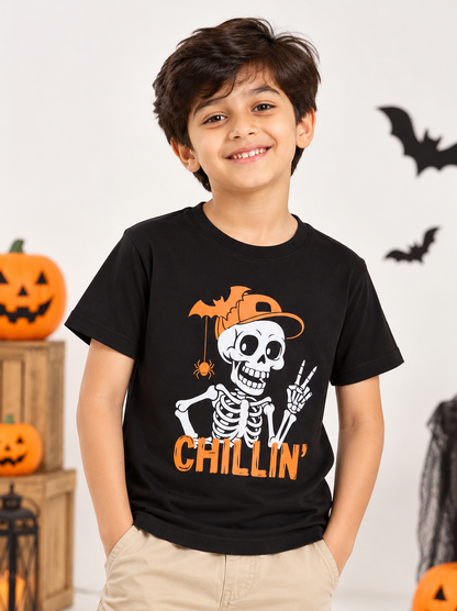 Ladore Kids Unisex Chillin Black Cotton Halloween T-Shirt
