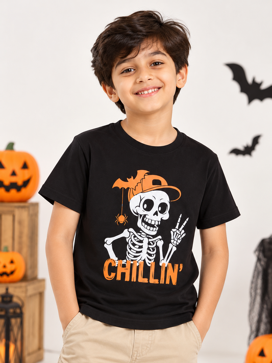 Ladore Kids Unisex Chillin Black Cotton Halloween T-Shirt