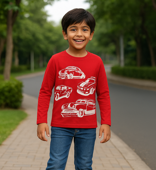 Boys Red Vintage Car Print Cotton Full Sleeves T-shirt