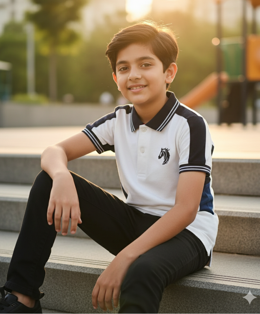 Kids White Smart Polo Cotton T-shirt