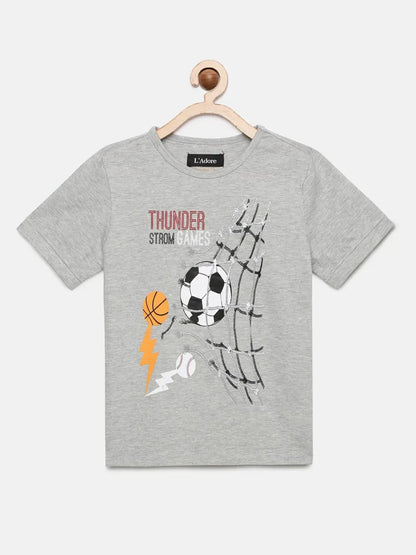 Grey Heather Ball Printed Round Neck Cotton T-shirt - Ladore