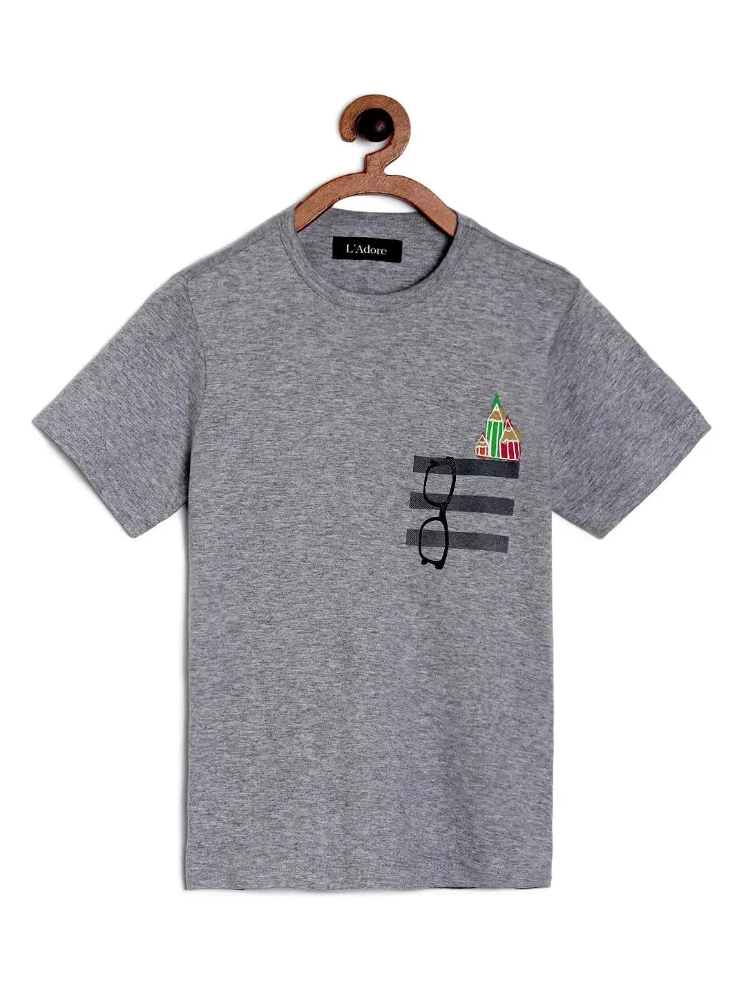 Grey Pencil and Glasses Printed Round Neck Cotton T-shirt - Ladore