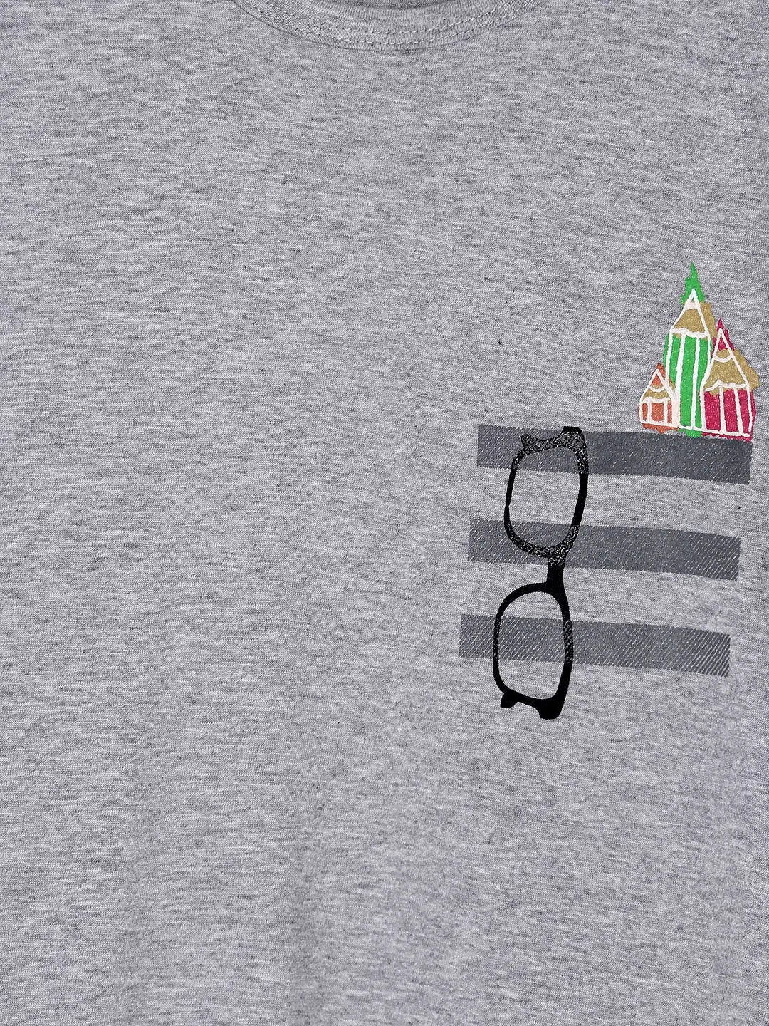 Grey Pencil and Glasses Printed Round Neck Cotton T-shirt - Ladore
