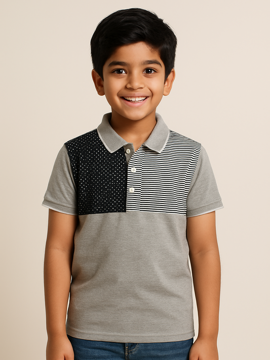 Kids Grey Cut and Sew Polo Cotton T-shirt