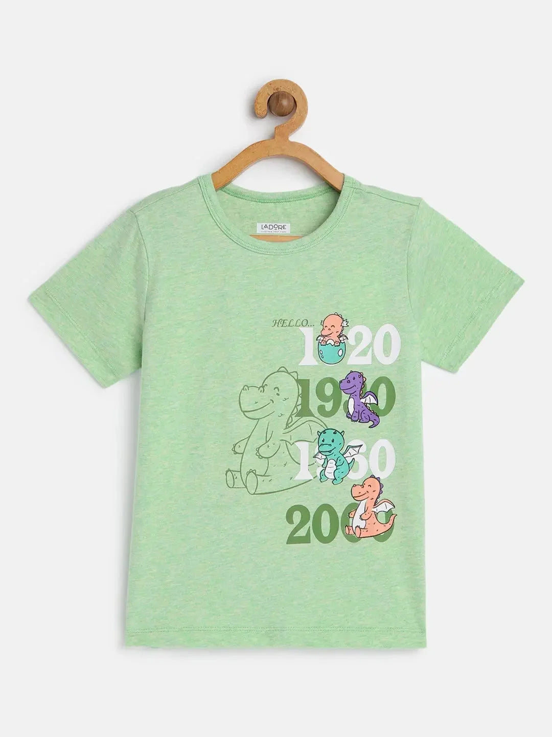 Kids Green Dino Print Half Sleeves Cotton T-shirt - Ladore