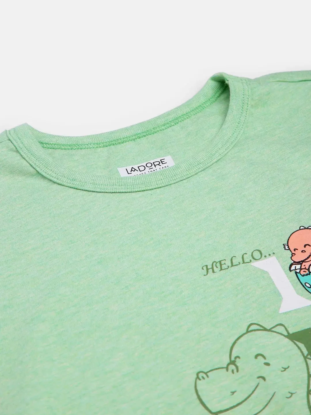 Kids Green Dino Print Half Sleeves Cotton T-shirt - Ladore