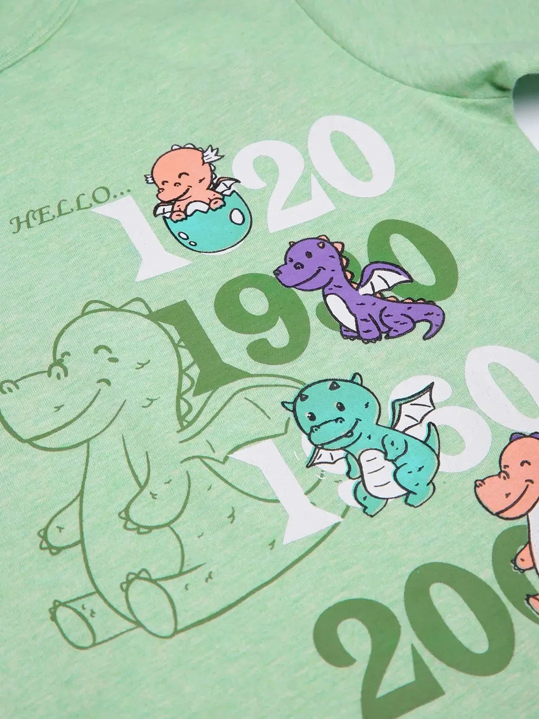 Kids Green Dino Print Half Sleeves Cotton T-shirt - Ladore