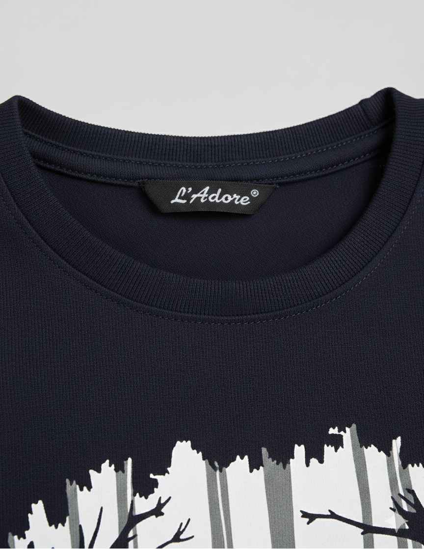 Navy Jungle And Deer Printed Cotton T-shirt