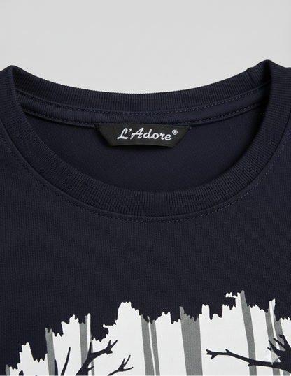 Navy Jungle And Deer Printed Cotton T-shirt